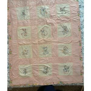 Vintage Hand Embroidered Baby Quilt 1950s Nursery Animals, Aunt Martha’s Fabric
